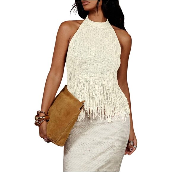 Women´s Sleeveless Knit Sweater Vest Fringe Trim...